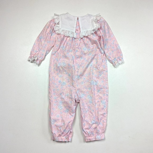 Vintage Peaches N Cream Romper Jumpsuit Size 24m Pink Floral Bib Lace - Picture 3 of 4
